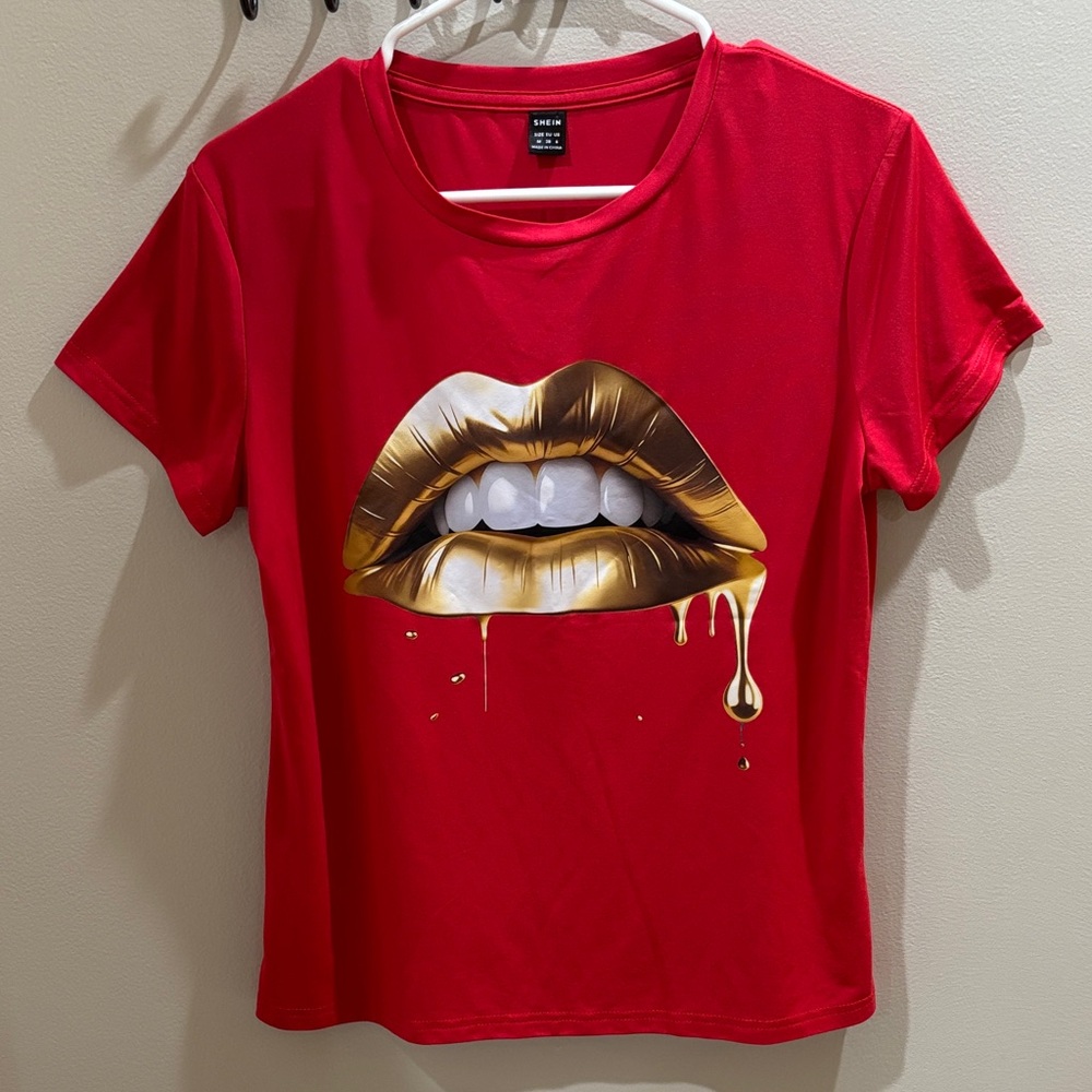 SHEIN Red Tee with Gold Lip Graphic